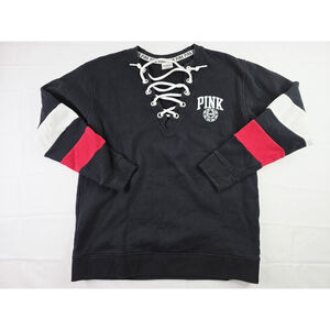 Victoria's Secret PINK Black Pullover Sweatshirt Lace-up V-neck Colorblock Sz S